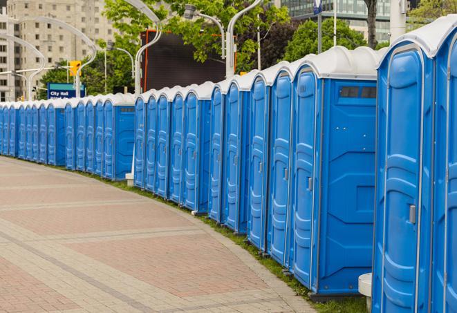 Seasonal porta potty units set up at a Pontiac, Illinois venue